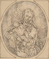 Madonna and Child [?], Alonso Cano  Spanish, Pen and dark brown ink on tan paper. Paper cut in an oval shape