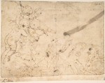 Three Putti Holding Cross Before Two Male Saints, Alonso Cano  Spanish, Pen and medium brown ink over traces of black chalk underdrawing on cream paper.  Lightly foxed. Composition outlined with pen and medium brown ink. Lined with a strip of paper showing at bottom