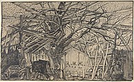 Stage Set Design: Interior of a Camouflaged African Shelter or Military Post with Carts and Bucrania, Salvador Alarma Tastás  Spanish, Pen and black and gray ink, over traces of blue pencil; double framing lines in pen and black ink