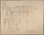 Stage Set Design: A Square Hall with Rounded Archways and Cupola in Oriental Style with Thin Columns, Salvador Alarma Tastás  Spanish, Black chalk on tan paper