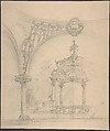 Stage Set Design: View of a Baldacchino seen through Rounded Arch with Pendentive and Column, Salvador Alarma Tastás (Spanish, Barcelona 1870–1941), Black chalk over graphite on tan paper