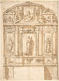 Design for an Altar with the Virgin of the Immaculate Conception in the Center, Anonymous, Spanish, 17th century  Spanish, Pen and brown ink with brush and brown wash over black chalk