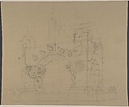 Project for Mesoamerican Style Arch with Grotesques and Horns (recto); Sketch for a set design (verso), Salvador Alarma Tastás (Spanish, Barcelona 1870–1941), Graphite on tan paper