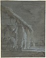 Figures in an Outdoor Tavern, Jan Asselijn  Dutch, Black chalk, brush and brownis-gray wash, heightened with white; framing lines in brown ink, on blue paper
