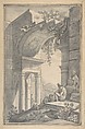 A Shepherd under a Ruined Arch with the Farnese Hercules, Johannes Antiquus Dutch, Black chalk, pen and gray and some brown ink, with gray wash; framing lines in black ink