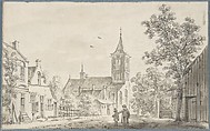 Village Street Scene with a Church, Cornelis Ploos van Amstel  Dutch, Brush and brown wash, over a sketch in graphite