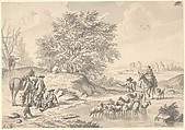 Landscape with Resting Cavaliers and a Shepherd with his Flock, Nicolaas Aartman  Dutch, Pen and black ink, brush and gray wash over a sketch in black chalk