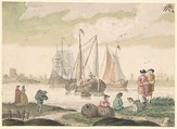 Seascape with Seven Figures and a Dog, Nicolaas Aartman  Dutch, Brush and gray and black ink, with watercolor, over traces of black chalk