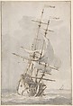 A Ship at Sea, Ludolf Backhuysen (Dutch, Emden 1630–1708 Amsterdam), Pen and brown ink, with gray wash, over traces of black chalk