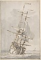 A Ship at Sea, Ludolf Backhuysen (Dutch, Emden 1630–1708 Amsterdam), Pen and brown ink, brush and gray wash, over traces of black chalk; framing lines in pen and brown ink