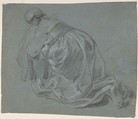 Weeping Woman Kneeling, Seen from Behind, Jacob Backer (Dutch, Harlingen 1608–1651 Amsterdam), Black chalk, heightened with white, on blue paper