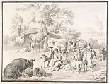 A Herdswoman Seated Amongst Her Animals, with a Lamb in Her Arms, Dirck van Bergen (Dutch, Haarlem 1645–1690/1702 Haarlem), Pen and black ink, point of the brush and gray ink and wash over black chalk, with broad gray framing lines and broad margins, on vellum