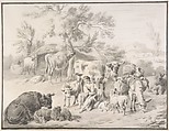 A Herdswoman Seated Amongst Her Animals, with a Lamb in Her Arms, Dirck van Bergen (Dutch, Haarlem 1645–1690/1702 Haarlem), Pen and black ink, point of the brush and gray ink and wash over black chalk, with broad gray framing lines and broad margins, on vellum