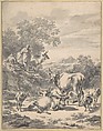 Herdsmen with Cattle and Sheep in Italianate Landscape, Nicolaes Berchem (Dutch, Haarlem 1621/22–1683 Amsterdam), Black chalk, brush and gray wash