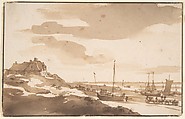View of the Dunes at Scheveningen, Jan de Bisschop Dutch, Pen and brown ink, brush and brown wash; framing lines in pen and brown ink, probably by a later hand