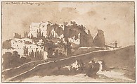 View of the "Palazzo Maggiore" on the Palatine Hill, Rome, Jan de Bisschop Dutch, Pen and brown ink, brush and brown wash, over black chalk; framing lines in pen and brown ink