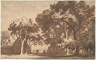 View of Buildings and Linden Trees in Rijswijk, Jan de Bisschop Dutch, Pen and brown ink, brush and brown wash, gray wash, possibly added by a later hand; framing lines in pen and brown ink