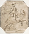 Charles II of Spain on Horseback, Matías de Torres (Spanish, Aguilar de Campóo (Palencia) 1635–1711 Madrid), Pen and brown ink with brush and brown wash over slight traces of black chalk underdrawing.  Corners cut off, composition outlined in hexagonal form with pen and brown ink.  Contours of the seated figure and the saddle pricked. Lined