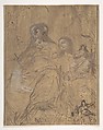 Studies for the Assumption of the Virgin, Juan Carreño de Miranda Spanish, Pen and brown ink, brush and brown wash, heightened with white gouache, over traces of black chalk on paper washed yellow brown