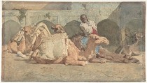 Camels Reposing, Tangiers, Mariano Fortuny Marsal (Spanish, Reus 1838–1874 Rome), Brush and watercolor over black graphite underdrawing.  On off-white paper