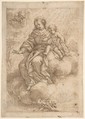 Madonna and Child Seated on Clouds (recto); Madonna and Child in Reverse (verso), Vicente Salvador Gómez  Spanish, Pen and brown ink on off-white paper (recto); black chalk (verso); squared in black chalk; framing lines in pen and brown ink