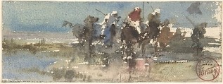 Moors on Horseback, Mariano Fortuny Marsal Spanish, Brush and watercolor on off-white paper