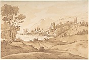 Southern Imaginary Landscape with Mountains and a Lake, Theodorus Wilkens  Dutch, Pen and brown ink, brush and brown wash. At left, traces of a framing line in black chalk