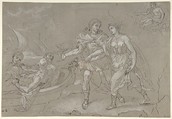 The Rape of Helena; verso: Study of a Kneeling Nude Male Figure, Daniel Seiter (Austrian, Vienna 1647–1705 Turin), Pen and brown ink, heightened with white bodycolour, over black chalk