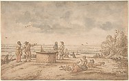 Elegant Party on the Tafelberg, Anthonie van Borssom (Dutch, Amsterdam 1630/31–1677 Amsterdam), Pen and brown ink, brush and brown, blue, red and yellow wash