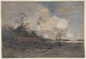 Landscape with a Cottage, Théophile de Bock Dutch, Black chalk and gouache