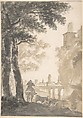 Landscape with a Mounted Herdsman and Cows, a City in the Background, Jan Both  Dutch, Brush and brown and gray wash, over black chalk.