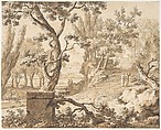 Arcadian Landscape with Figures, Johannes de Bosch  Dutch, Pen and black and gray ink, brown wash