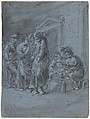 St. Peter Recognized by a Servant Girl, Leonaert Bramer Dutch, Brush and gray ink, gray wash, heightened with white, on blue paper