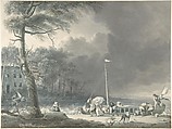 A Stormy Scene with Figures Unloading Boats Near a House on the Water's Edge, Jacob Cats  Dutch, Point of brush, gray and blue-gray wash over traces of black chalk