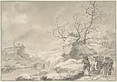 Winter Landscape with Peasants Gathering and Chopping Wood, Jacob Cats (Dutch, Altona 1741–1799 Amsterdam), Pen and gray ink, brush and gray wash, over black chalk; framing lines in pen and brown ink
