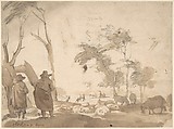 Landscape with Sheep and Two Figures (recto); Faint Sketch of a Figure with a Hat (verso), Attributed to Jacob van der Does (Dutch, Amsterdam 1623–1673 Amsterdam), Brush and brown wash, black chalk (recto); red chalk (verso)