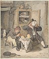Kitchen Scene, Cornelis Dusart  Dutch, Black and red chalk, brown, gray, blue, yellow, red washes
