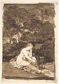 A partly naked woman seated by a stream; page 32 from the "Images of Spain" Album (F), Goya (Francisco de Goya y Lucientes) (Spanish, Fuendetodos 1746–1828 Bordeaux), Brush, bistre and wash, traces of red chalk