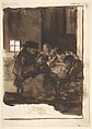 An old man delousing a boy accompanied by three figures, a cat in the foreground; page 40 from the "Images of Spain" Album (F), Goya (Francisco de Goya y Lucientes) (Spanish, Fuendetodos 1746–1828 Bordeaux), Brush, brown wash