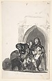 Nothing is Known of This; two figures picking up a body in front of a church, a monk singing next to them and another in the background; page 7 from the "Witches and Old Women" Album (D), Goya (Francisco de Goya y Lucientes) (Spanish, Fuendetodos 1746–1828 Bordeaux), Brush, carbon black and gray ink and wash, scraper