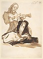 A nun frightened by a ghost playing a guitar; page 65 from the 'Images of Spain' album (F), Goya (Francisco de Goya y Lucientes) (Spanish, Fuendetodos 1746–1828 Bordeaux), Brush and point of brush, brown ink washes, black chalk, on laid paper