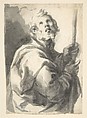 Male Saint with Staff, Half-Figure, Francisco Herrera, the Younger ("El Mozo")  Spanish, Brush and gray wash, over black chalk underdrawing on off-white paper