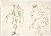 Studies of a standing man holding a hat and a girl in profile, Luis Paret y Alcázar Spanish, Pen and brown ink on off-white paper