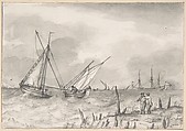 Choppy Sea with Boats near the Coast, Pieter van Everdingen  Dutch, Pen and gray ink and wash