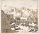 Landscape with Ruins, Gerbrand van den Eeckhout  Dutch, Pen and brown ink, brush and brown and gray wash, over black chalk; framing lines in pen and brown ink