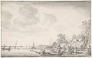 Coast Scene, Jacob Esselens (Dutch, Amsterdam 1626–1687 Amsterdam), Black chalk, brush and gray wash; framing lines in pen and brown ink