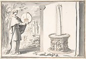 Female Figure Holding a Coin and Image of a Fountain, Jan Goeree  Dutch, Pen and black and brown ink, brush and gray wash, over red chalk; incised