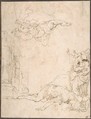 Unidentified Scene: Figures Watching a Fallen Giant and Another Figure Levitating, Jusepe de Ribera (called Lo Spagnoletto)  Spanish, Pen and brown ink on off-white paper.  Sheet is set into a thin mat (with annotations on the mat)