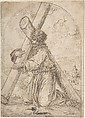 Christ Kneeling, Carrying the Cross, Anonymous, Spanish, 16th century  Spanish, Pen and dark brown ink, with brush and brown wash.  Inscription in same brown ink, crossed out with pen and black ink.  Laid down on secondary sheet of paper