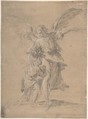Tobias and the Angel, Anonymous, Spanish, 17th century  Spanish, Black chalk, highlighted with white chalk on beige prepared paper